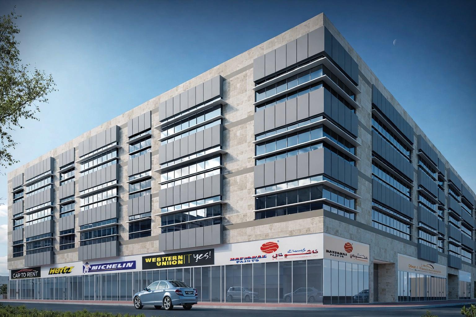 Render of a four-level commercial building with retail frontage and vertical sun fins