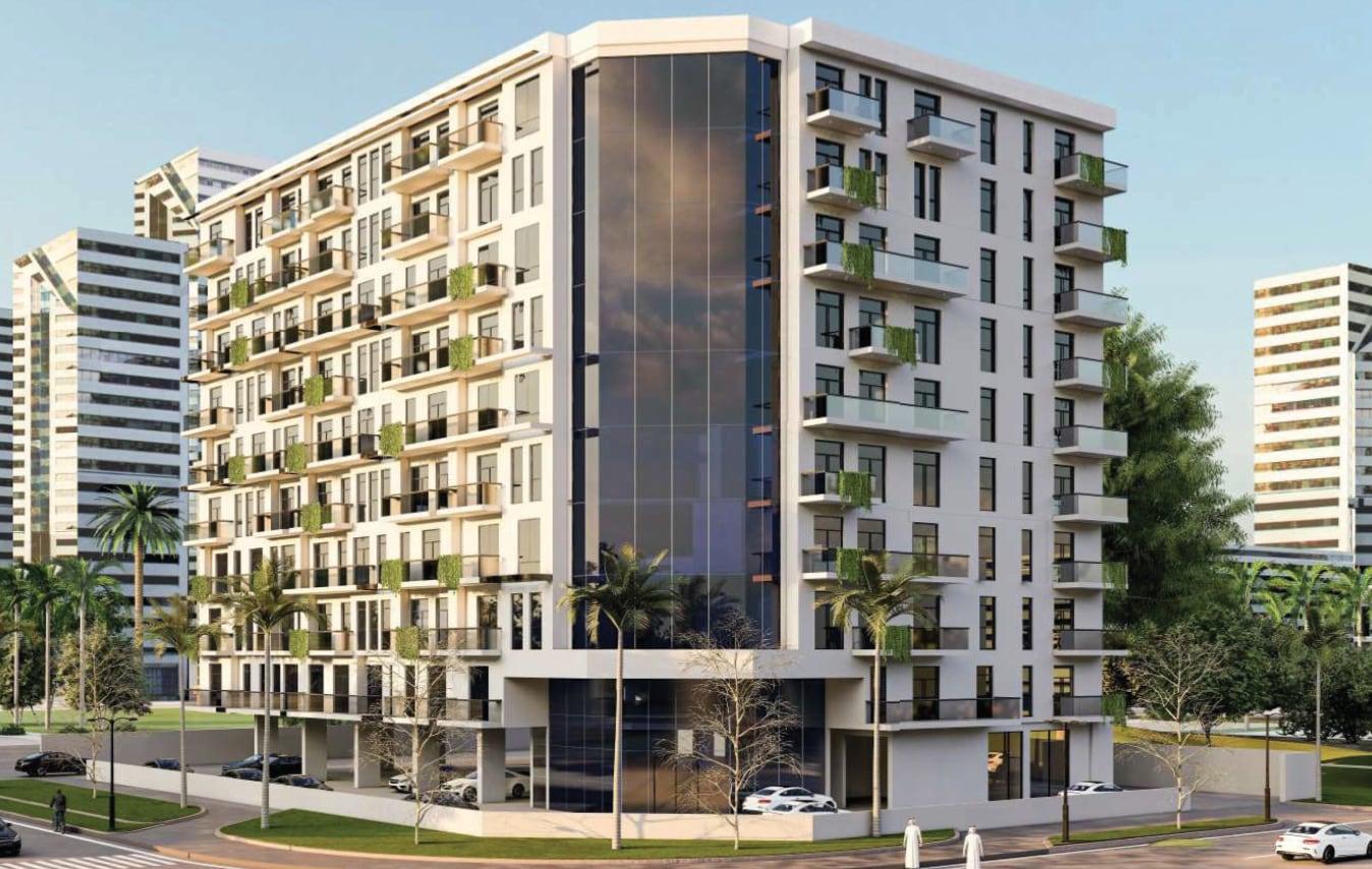 Render of Bliss Home-1, a white residential block with a full-height glazed entrance core