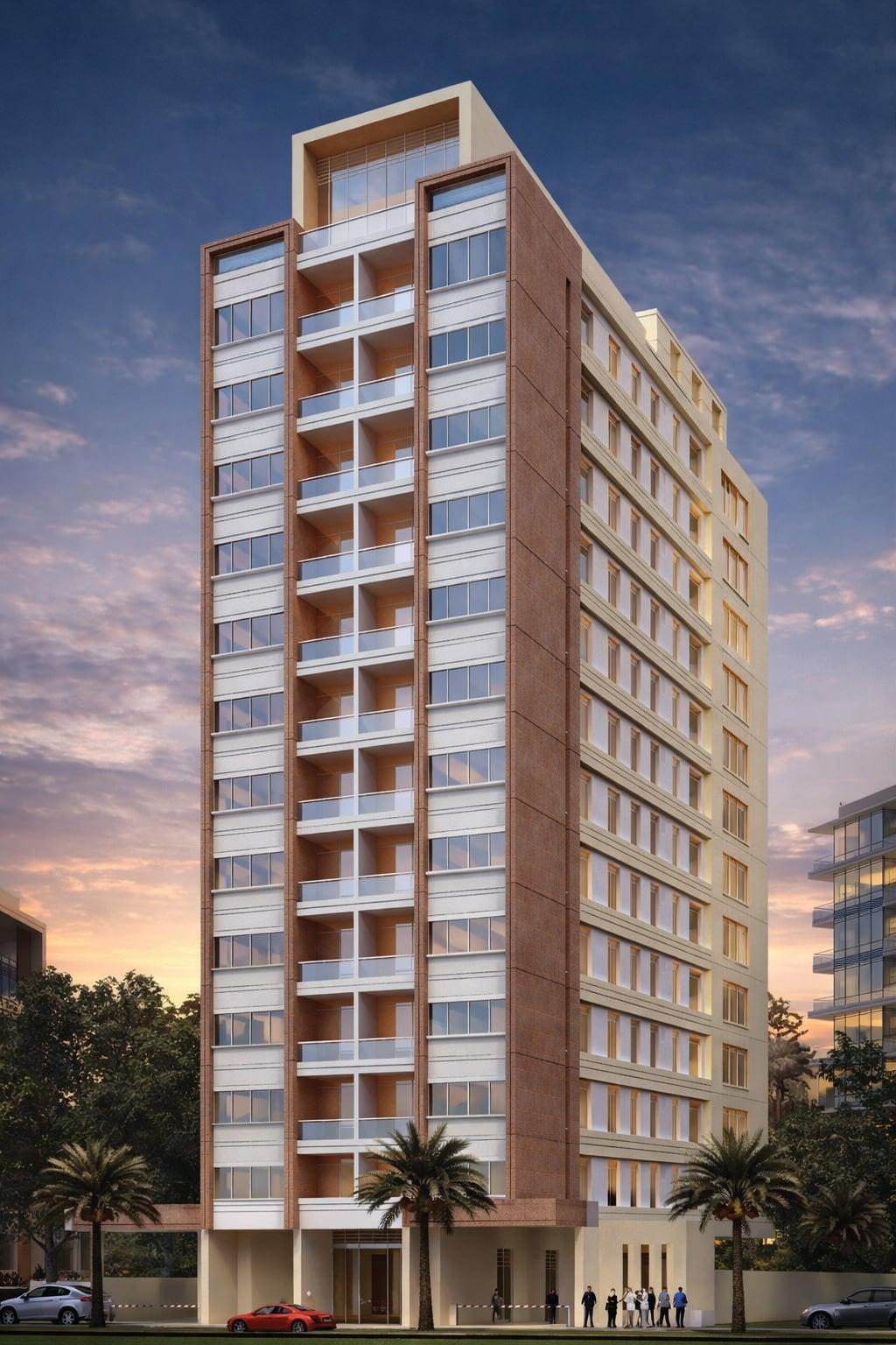 Render of a slender residential tower with terracotta-toned frame and glazed balconies at dusk