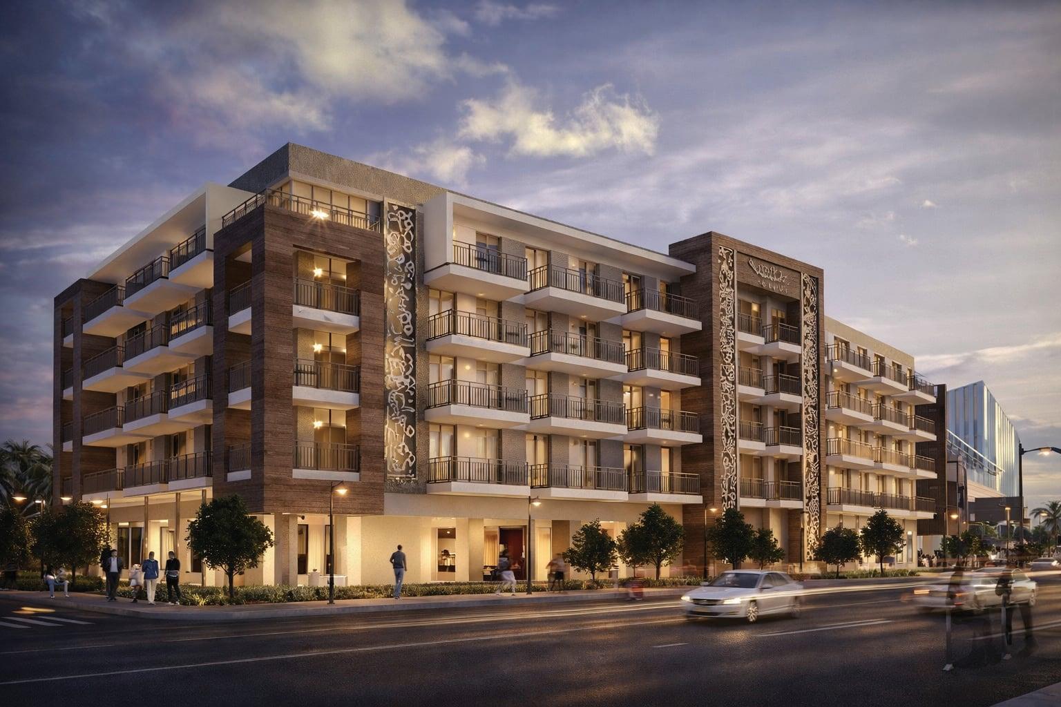 Render of RR Residence, a five-level residential building with decorative screens at dusk