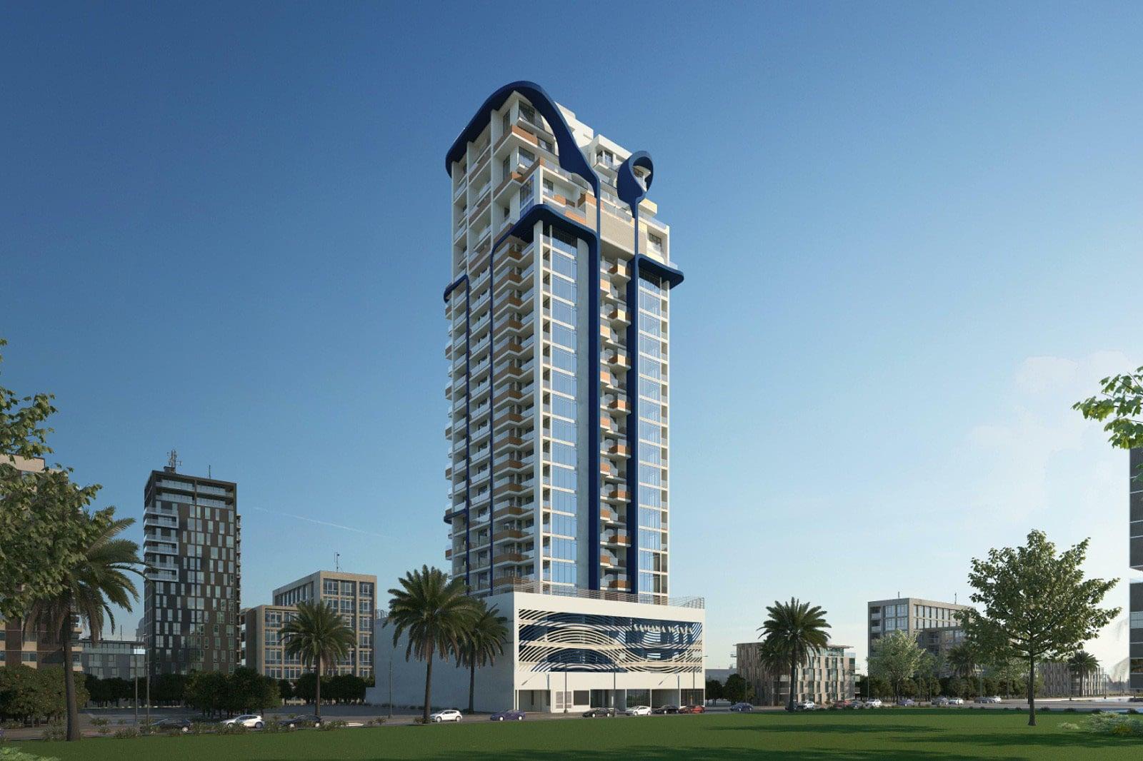 Daytime render of Samana Waves I, a residential tower with a sculpted blue crown